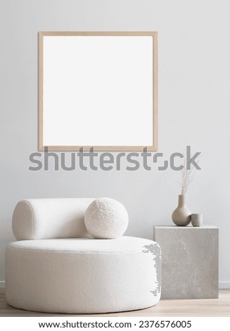 Empty square frame mockup in modern minimalist interior with plant in trendy vase on white wall background. Template for artwork, painting, photo or poster