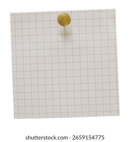 Empty square note paper mockup. Message reminder card template isolated on transparent background. Checkered beige white paper texture. Golden pin, pushpin, cut out business office stationery object.