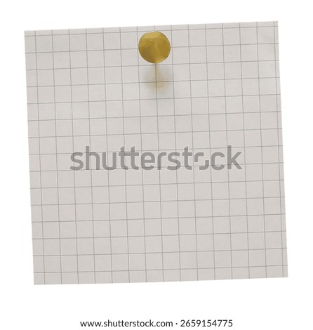 Empty square note paper mockup. Message reminder card template isolated on transparent background. Checkered beige white paper texture. Golden pin, pushpin, cut out business office stationery object.