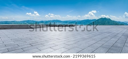 Empty square platform and green mountain with sky cloud landscape