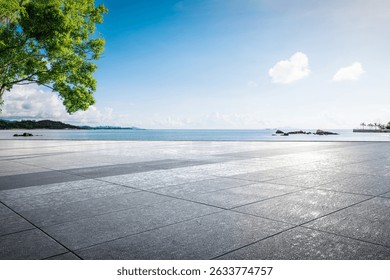 Empty square platform and green tree with sea natural landscape under blue sky
