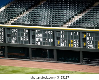 An empty stadium, with a statistics board above the dugout