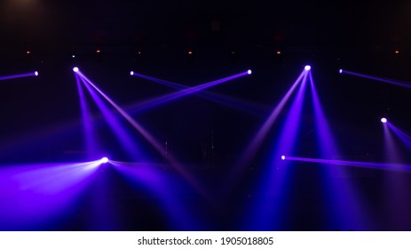 Empty Stage Concert With Colorful Lighting Laser Beam Spotlight Show In Disco Pub Club Bar Background For Party Music Dancing Festival Performance. Entertainment Nightlife. Celebration Event.