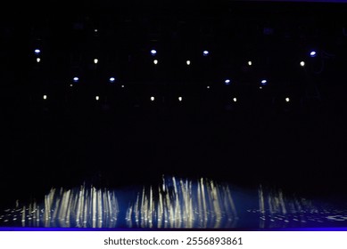 Empty stage lighting setup with red, yellow, and blue spotlights shining down, creating a dramatic atmosphere on a dark backdrop, perfect for concert or theater scenes. - Powered by Shutterstock