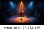 Empty stage with mic and instruments with spotlight, and rock concert vibe.