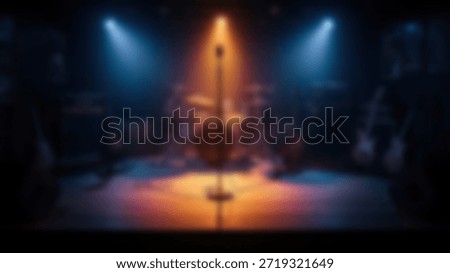 Empty stage with mic and instruments with spotlight, and rock concert vibe.