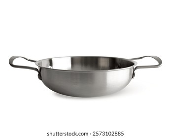 Empty Stainless steel soup pot isolated on white background with clipping path. Silver cooking pan mockup , full depth of field.