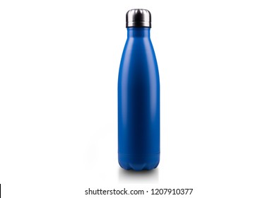 Empty stainless thermo water bottle close-up isolated on white background.
