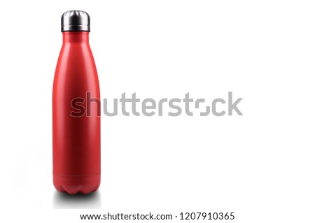 Empty stainless thermo water bottle close-up isolated on white background.