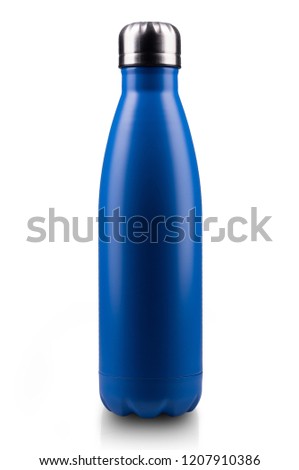 Empty stainless thermo water bottle close-up isolated on white background.