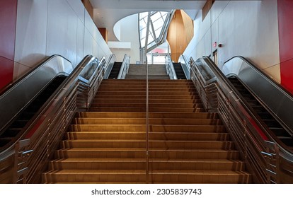 An empty stairwell and escaltors show the way from the parking structure to the Disney Concert hall in Downtown Los Angeles.