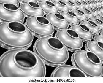 Empty Steel Aerosol Cans On Production Line In Factory