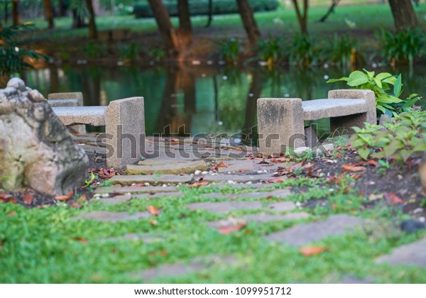 Empty Stone Cement Benches Big Rock Stock Photo Edit Now 1099951712