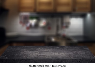 Empty stone surface on blurred background kitchen in apartment, close-up.
