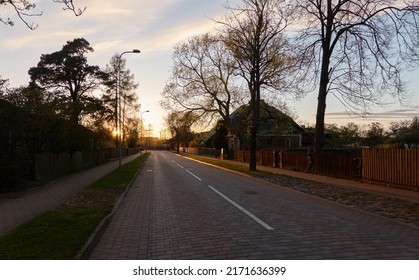 Empty Street (asphalt Road) Of A Small Town (village). Traditional And Modern Houses, Cottages. Tourism, Vacations, Home Office, Guest House, Real Estate Development, City Gardening, Lifestyle