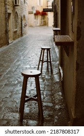 Empty street bar in the old town of Budva, Montenegro.