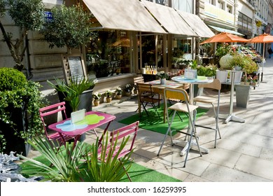 Empty Street Cafe At The City Of Lyon,  France