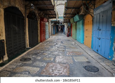 Empty street and closed stores in the Old City of Jerusalem during third lockdown during coronavirus pandemic.