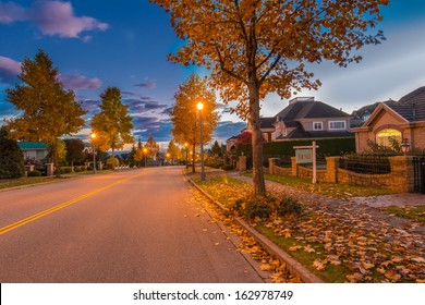 Empty Street At At Night, Disk, Sunset, Sunrise Time In Suburbs Of Vancouver, Canada.