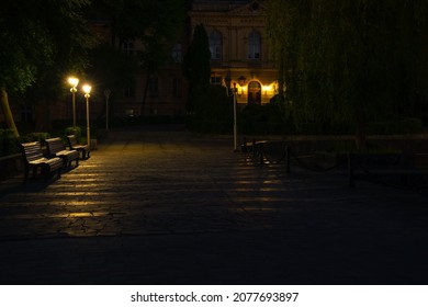 Empty Street Night Square Near University Campus Of Medicine, Lantern Light Illumination, No People 