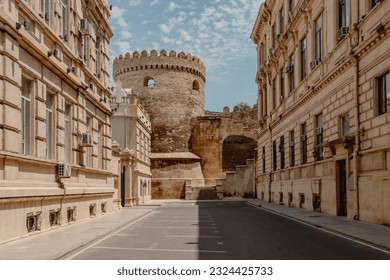Empty street in old city of Baku, Azerbaijan. Old city Baku. Old City buildings in the summer hot day.