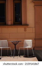  Empty Street Restaurant With Table And Chairs. Cozy Outdoor Cafe 