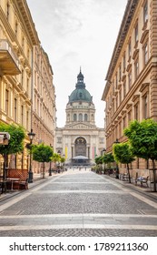 Empty Street With View At St. Stephen's Basilica Roman Catholic Cathedrals In Budapest, Hungary