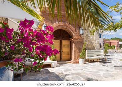 Empty Streets In Cap Cana Village With Colorful Houses, Beautiful Nature At Sunny Day. Luxury Residence In Dominican Republic