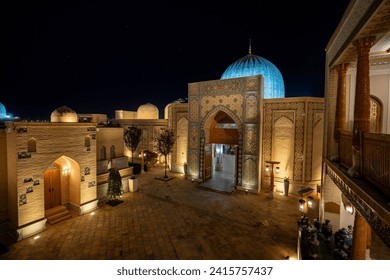 empty streets in The Eternal City in Samarkand at night, Uzbekistan. the traditional architecture of old Central Asia and the Middle East.
