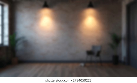 An empty studio space with a brick wall, overhead lighting, and a wooden floor. The room is dimly lit, creating a moody atmosphere.