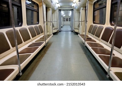 Empty subway car. Interior of the Moscow metro train