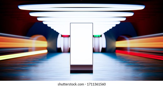 Empty Subway Station Lighted By Subway Train. Motion Blur. Long Exposure. City Transportation Background. Underground Metro Station Advertising Blank Billboard Mockup