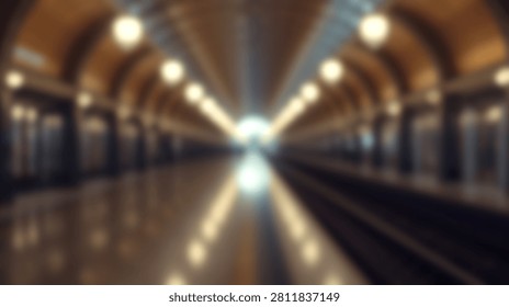 An empty subway station platform with warm lights reflecting on the polished floor, creating a sense of depth and anticipation.