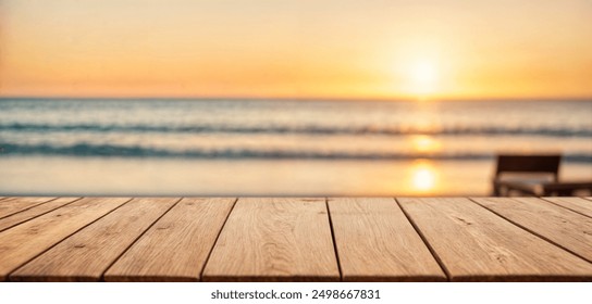 Empty summer holidays background. Horizontal travel banner for advertising product. Wooden table top in front, blurred paradise vacation. Panoramic empty bar counter in focus - Powered by Shutterstock