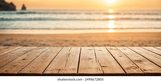 Empty summer holidays background. Horizontal travel banner for advertising product. Wooden table top in front, blurred paradise vacation. Panoramic empty bar counter in focus - Powered by Shutterstock