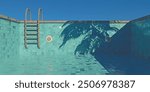 empty swimming pool with rusty stairs and tile floor. concept start of summer. 3d render