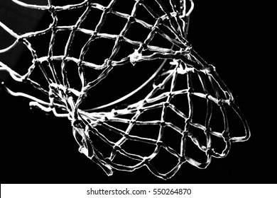Empty Swooshing Basketball Net Close Up with Dark Background in Black and White