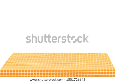 Empty table background. Empty wooden deck table covered with yellow white checkered tablecloth isolated on a white background. Space for your food and product display montage.