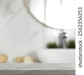 Empty table in bathroom, blurred background. Space for design