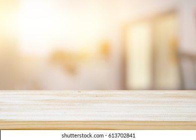 Empty Table Board And Defocused Modern Kitchen Background. Product Display And Picnic Concept