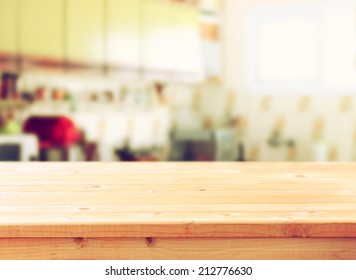 Empty Table Board And Defocused Retro Kitchen Background