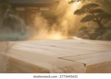 Empty table with clean copy space for product placement set by peaceful garden pond. The background features calm, natural setting with water reflections, greenery and relaxing spa-like atmosphere. The scene conveys balance, tranquility and harmony, making it ideal for advertising food, beverages, cosmetics, wellness products, and lifestyle brands.