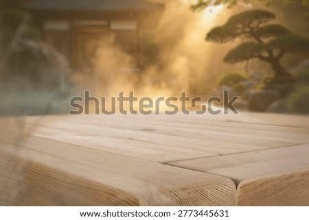 Empty table with clean copy space for product placement set by peaceful garden pond. The background features calm, natural setting with water reflections, greenery and relaxing spa-like atmosphere. The scene conveys balance, tranquility and harmony, making it ideal for advertising food, beverages, cosmetics, wellness products, and lifestyle brands.