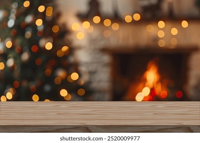 Empty table in front of christmas tree with decorations background. For product display montage in winter with snow. Merry Christmas concept. - Powered by Shutterstock