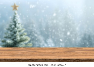 Empty table in front of christmas tree with decorations background. For product display montage