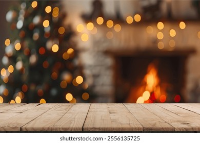 Empty table in front of christmas tree with decorations background. For product display montage