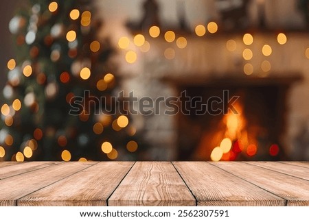 Empty table in front of christmas tree with decorations background. For product display montage
