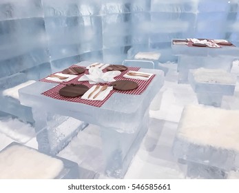 Empty Table In Ice Restaurant Or Ice Bar