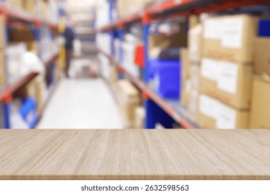 Empty table and industry warehouse background with bright lights