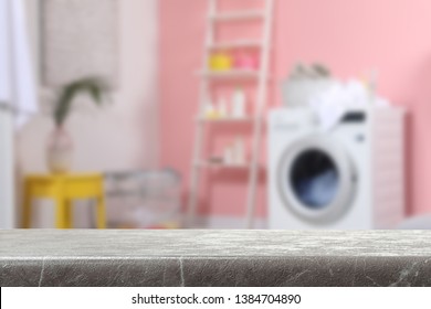 Empty Table In Laundry Room. Mockup For Design 